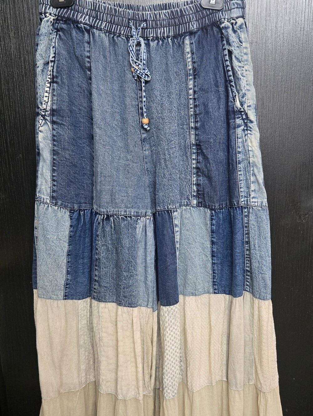 Boho Patchwork Denim and Cream Tiered Pants